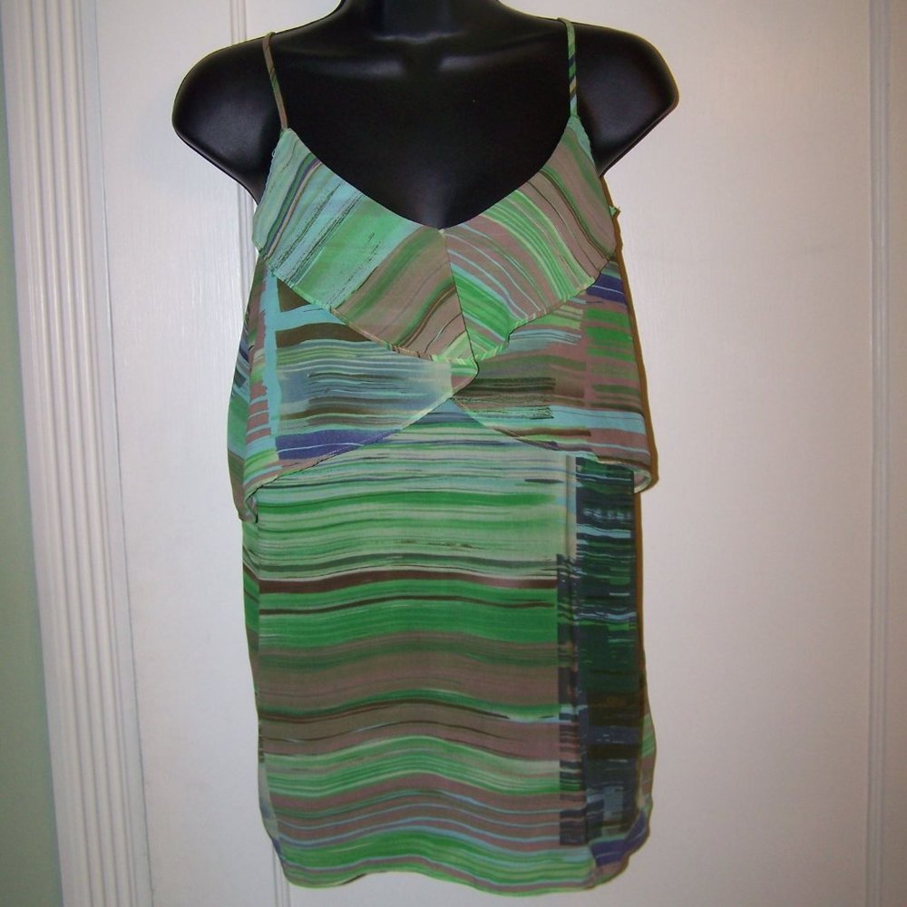 CAbi Green Striped Sleeveless Ruffle Tank Top